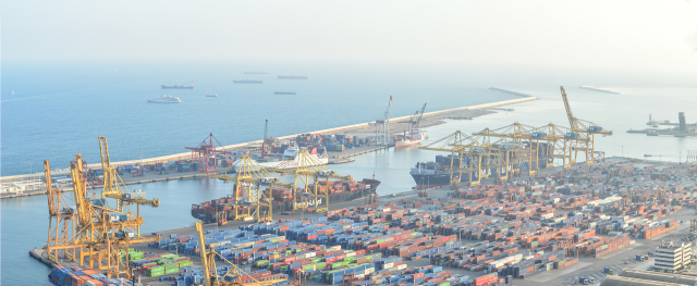Panoramic shot of the port in Barcelona Spain on a foggy day